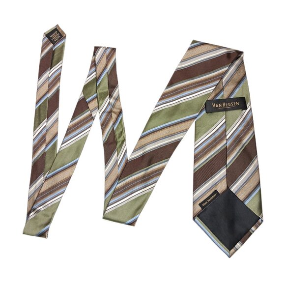 Van Heusen Silk Repp Tie Men’s Long 63” Brown Olive Stripe Preppy Designer Wide - Picture 3 of 4